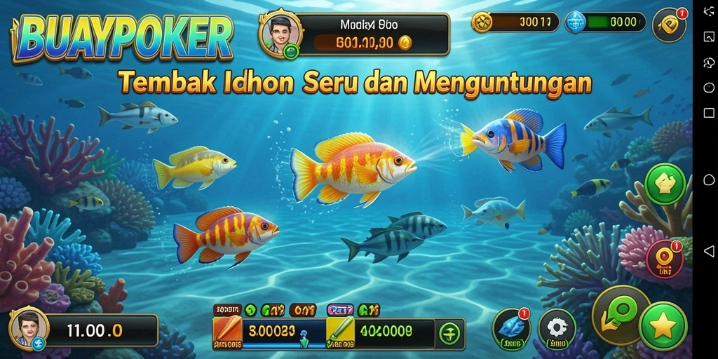 Screenshot gameplay menunjukkan serunya menembak ikan di BUAYAPOKER.