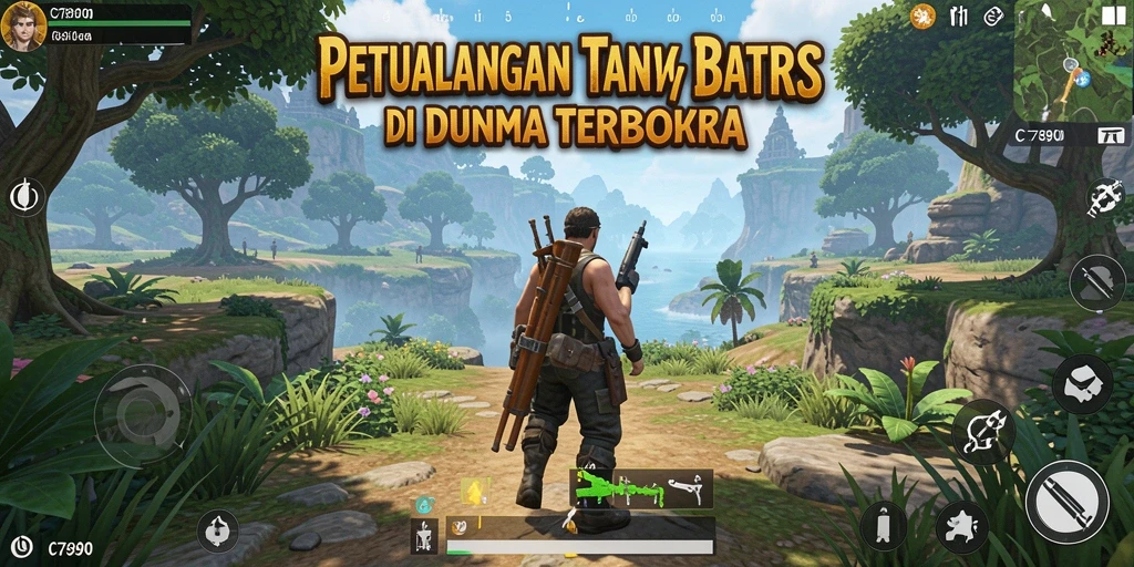 Tangkapan layar C7890 menampilkan pemandangan terbuka yang menakjubkan dengan karakter sedang berpetualang.