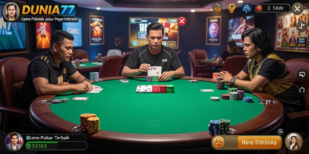 Screenshot DUNIA77 menampilkan gameplay Poker yang seru dan interaktif.