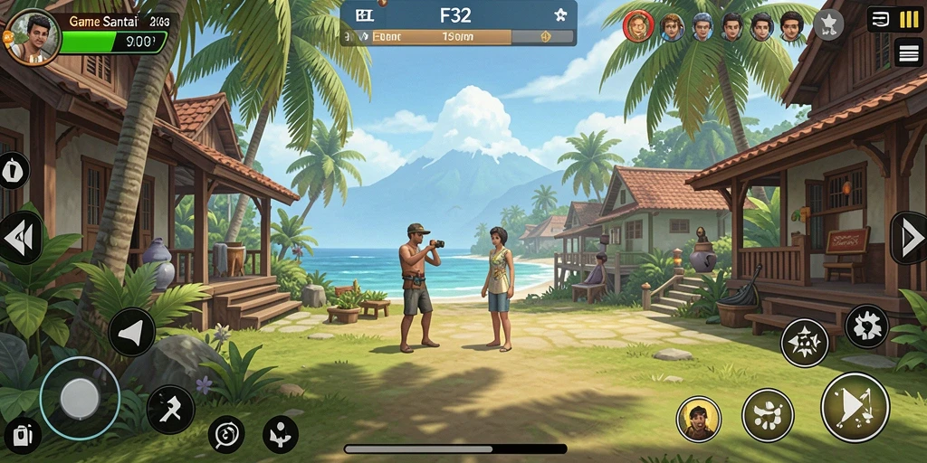 Screenshot menampilkan gameplay <strong>F32</strong> yang ceria dan penuh warna.