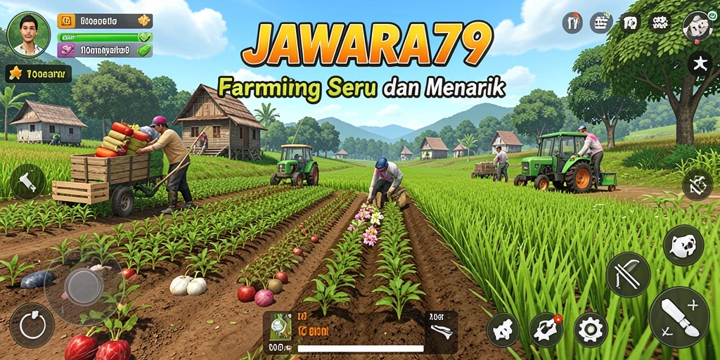 Tampilan gameplay seru di JAWARA79 dengan aktivitas bertani.