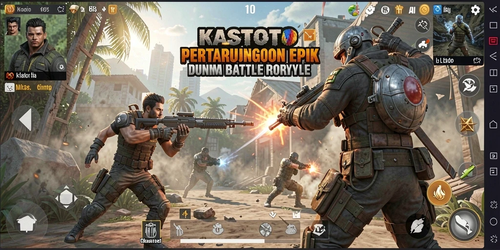 Tangkapan layar utama KASTOTO menampilkan aksi pertarungan Battle Royale yang intens.