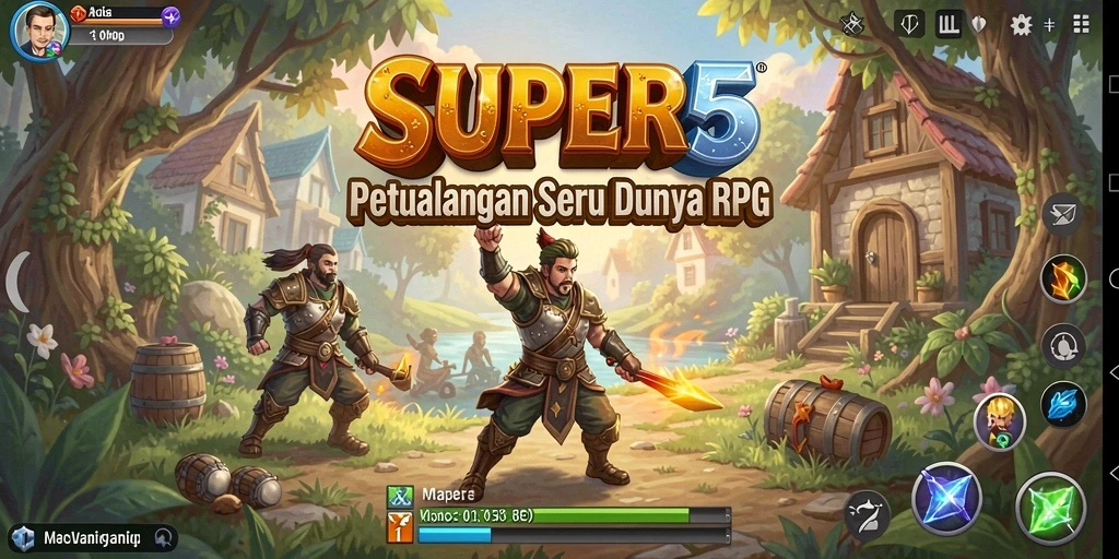 Screenshot SUPER5 menunjukkan aksi pertarungan RPG yang mendebarkan.