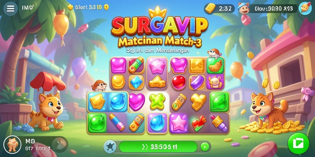 Screenshot gameplay SURGAVIP dengan aksi mencocokkan objek Match-3.