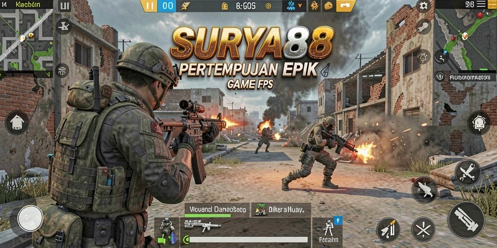 Tampilan gameplay menegangkan dalam SURYA88 dengan aksi FPS yang seru.